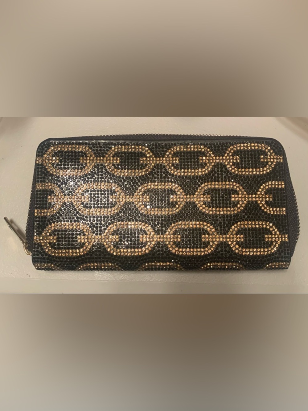 Black and Gold Rhinestone Vegan Leather Zippered Wallet